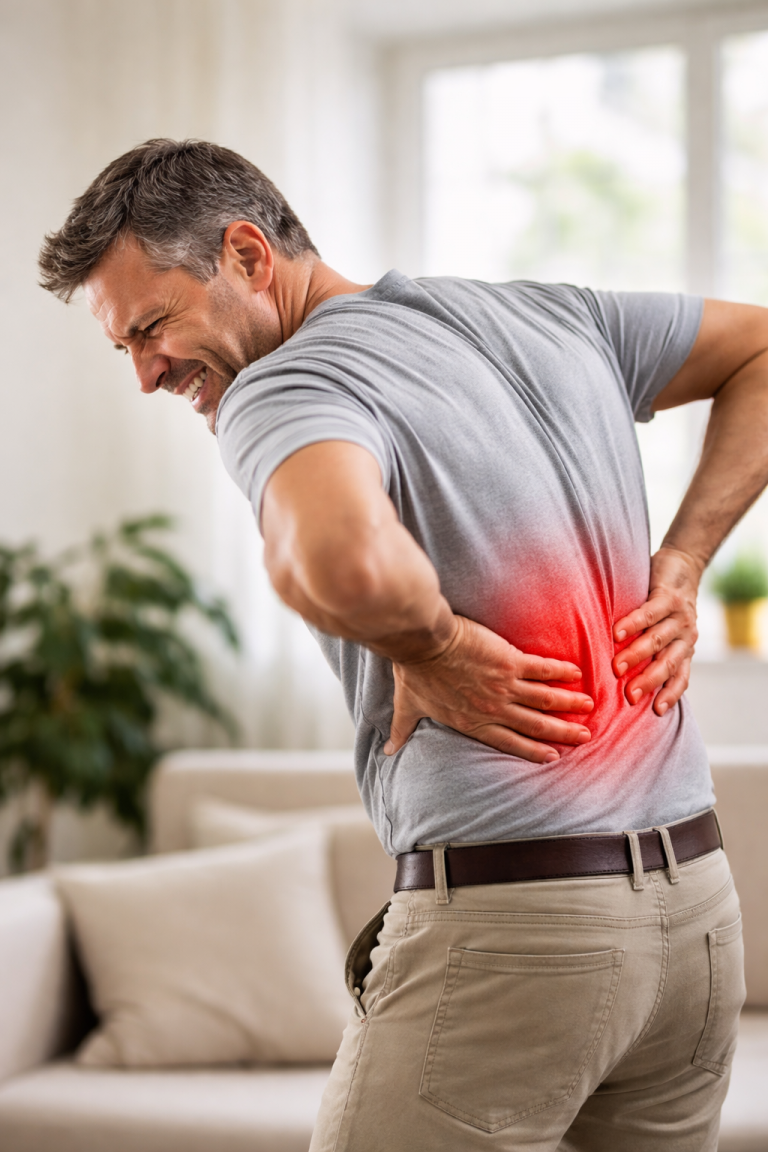 Mann mit starken unteren Rückenschmerzen – Schmerztherapie in Kehl